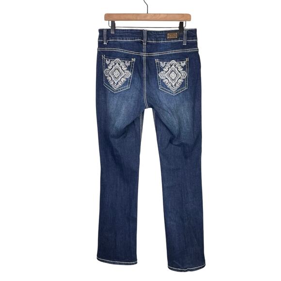 Wired Heart Embellished Embroidered Stitching Dark Wash Bootcut Denim Jeans - Picture 1 of 8